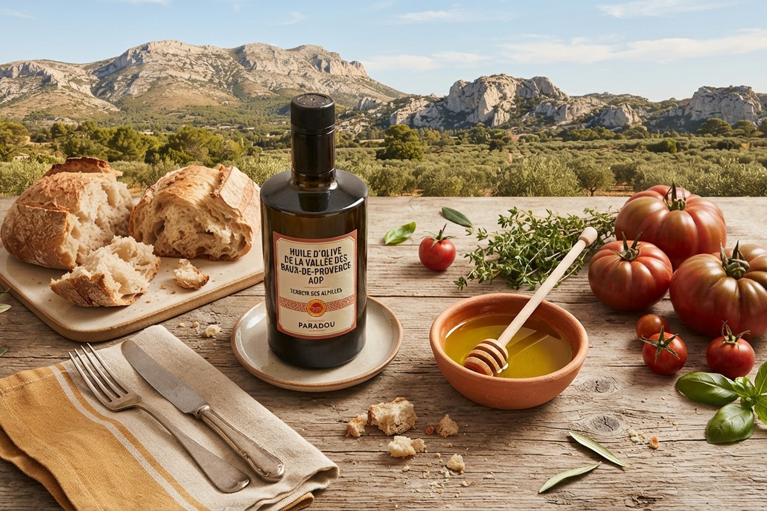 Huile d'olive La Santoline servie avec pain, tomates et herbes