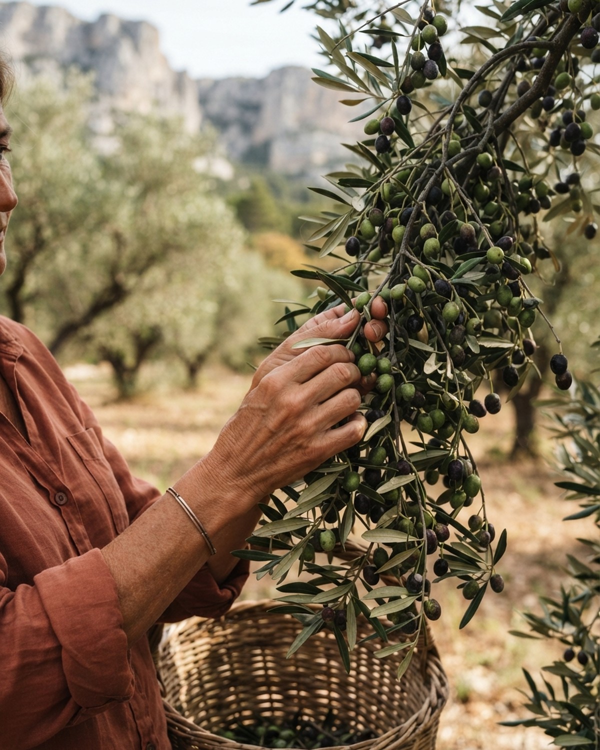 Mains récoltant des olives à La Santoline